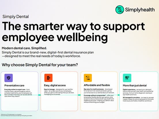 Promotional graphic for Simply Dental by Simplyhealth, highlighting benefits: preventative care, digital access, affordability, and comprehensive services.