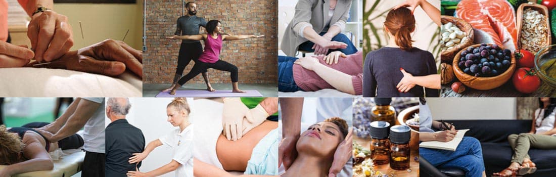 A collage of complementary practises such as acupuncture, yoga and massage