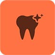 Icon of a clean, shiny tooth with a sparkle on an orange background.