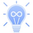 Blue light bulb icon with an infinity symbol inside, surrounded by small rays, representing limitless or infinite ideas.