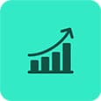 Icon of a bar chart with an upward arrow, symbolizing growth, on a turquoise background.