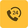 Icon of a phone and the number 24 on a yellow background, symbolizing 24/7 phone support or customer service.