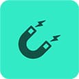 Icon of a horseshoe magnet with electric bolts on a turquoise background.