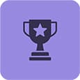 Icon of a dark trophy with a star on it, set against a purple background.