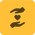 Icon of two brown hands surrounding a heart on a yellow background, symbolizing care and support.