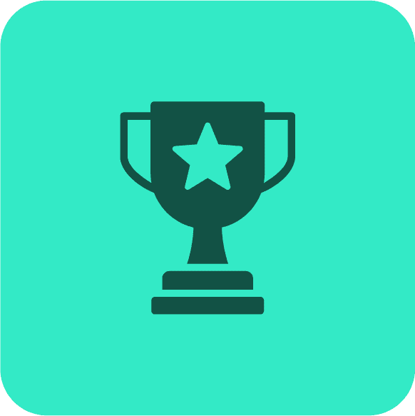 Green trophy icon with a star on the front, set against a light teal background.