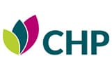 Logo of CHP with three overlapping leaves in lime green, green, and magenta to the left of the text "CHP" in teal letters.