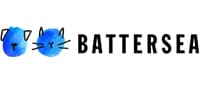 Two blue watercolor pet faces, one dog and one cat, next to the word "Battersea" in black text.