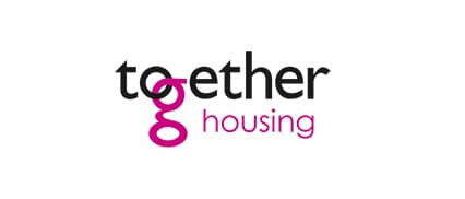 Logo with the text "together housing" in black and pink, featuring a stylized "g" linking "to" and "gether."