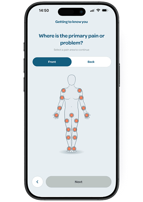 Ascenti Reach smartphone app screen asking "Where is the primary pain or problem?" with a body diagram showing highlighted pain points.