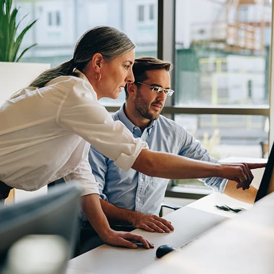 Woman and man collaborating at a desk, woman pointing at a computer screen while discussing work in a bright office.