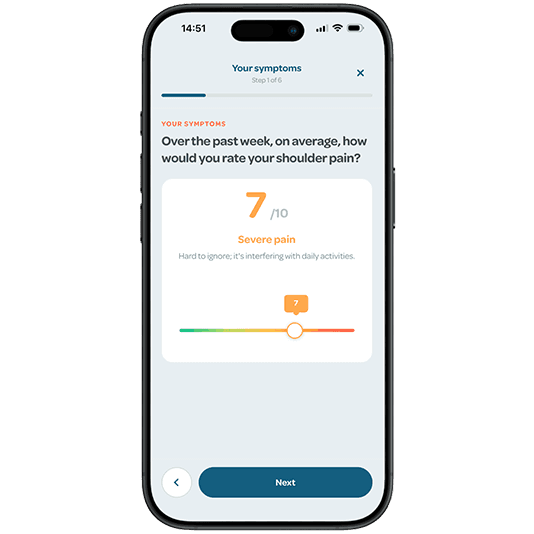 Ascenti Reach app screen displaying a symptom assessment. It rates shoulder pain as 7 out of 10