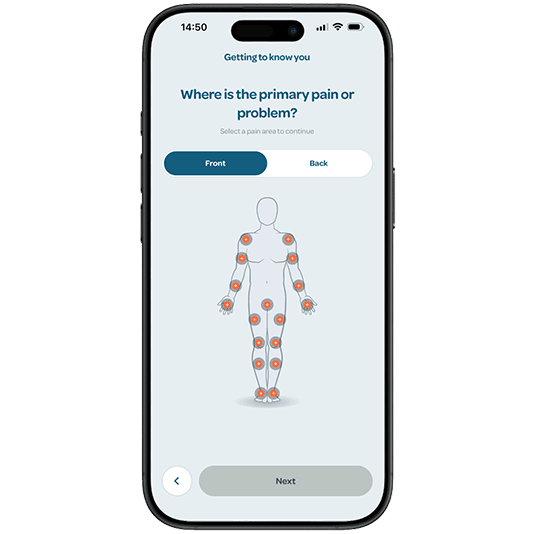 Ascenti Reach app screen displaying a body diagram with highlighted pain points for selecting primary pain location.