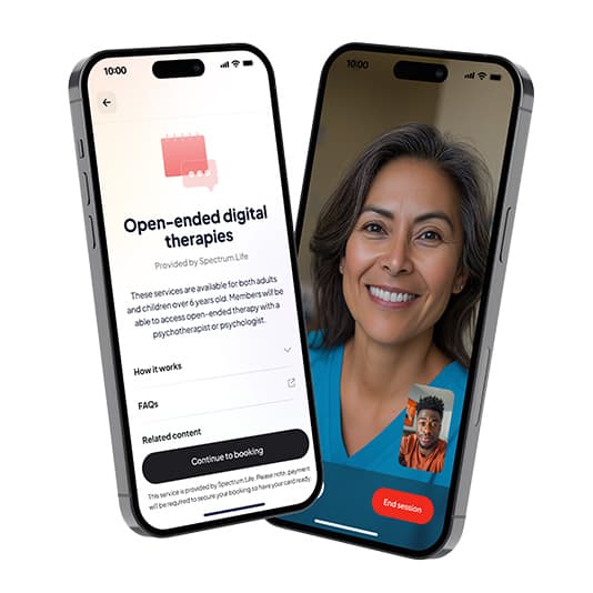 Two smartphones showing a digital therapy app; one screen displays service details, the other shows a video call with a smiling therapist.