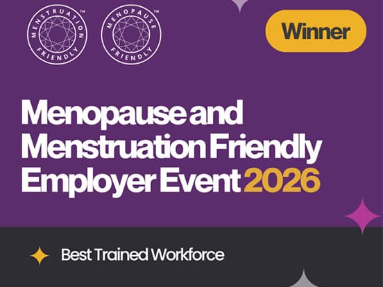 Purple graphic announcing the "Menopause and Menstruation Friendly Employer Event 2026" award winner for "Best Trained Workforce."