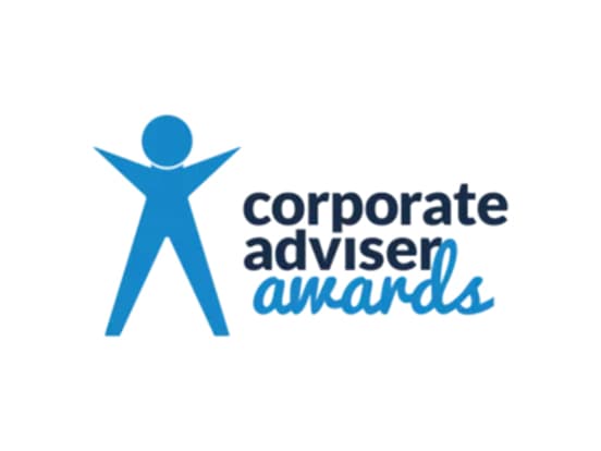Blue stick figure and text "corporate adviser awards" in bold and script fonts on a white background.