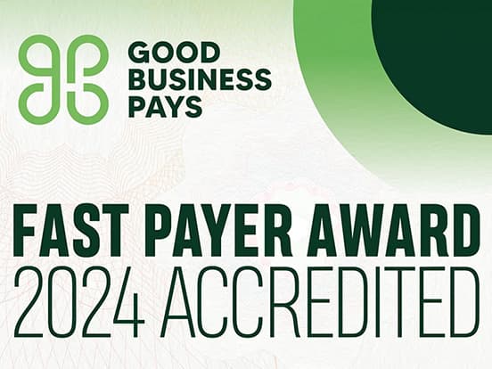 "Good Business Pays" logo with "Fast Payer Award 2024 Accredited" text on a gradient green and white background.