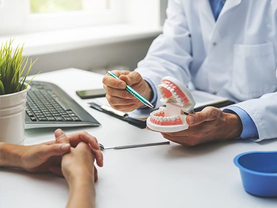 Dentist in white coat pointing at a dental model with a pen during consultation with a patient at a desk.