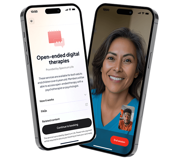 Two smartphones display a digital therapy app interface with a video call featuring a smiling woman and app details on the other screen.
