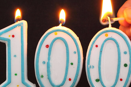 Number 100 in birthday candles