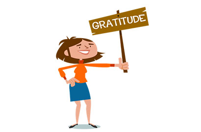Illustration of a woman holding a sign saying "gratitude"