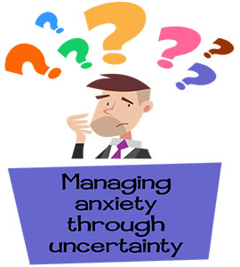 Illustration of man with question marks above head and 'Managing anxiety through uncertainy'