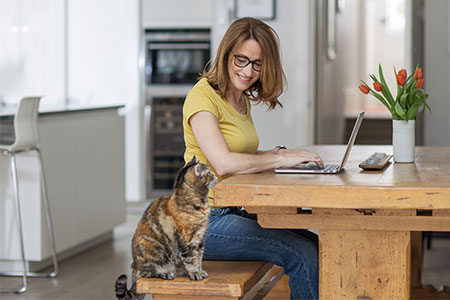 A lady working from home, with a cat and her screen