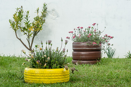 Colourful plant pots in garden