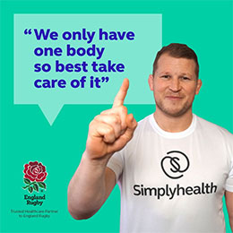 England Rugby player Dylan Hartley wearing Simplyhealth t-shirt