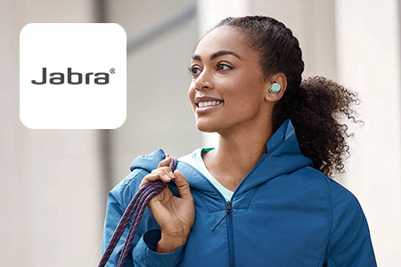 Woman wireless ear buds and smiling