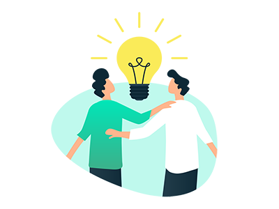 Illustration of two people having a lightbulb moment idea connecting together