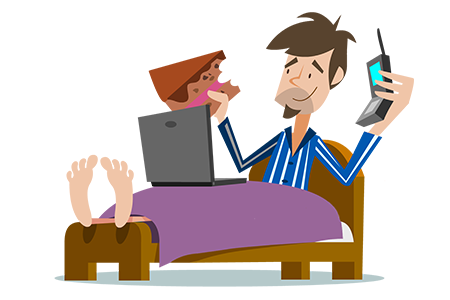 Illustration of a man in bed with laptop, mobile phone, and eating pizza