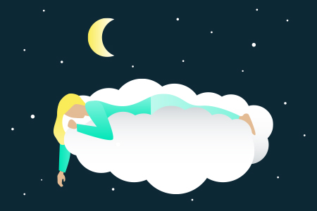 Illustration of woman sleeping on a cloud in the night sky