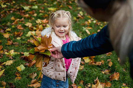 Toddler being handed autumn leaves