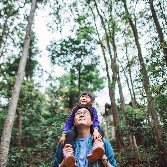 Daughter on father's shoulders surrounded by trees