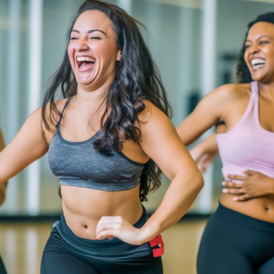 A photo of two ladies enjoying an indoor exercise class