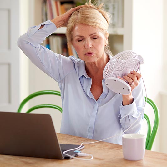 Woman working at laptop and cooling down with a handheld fan