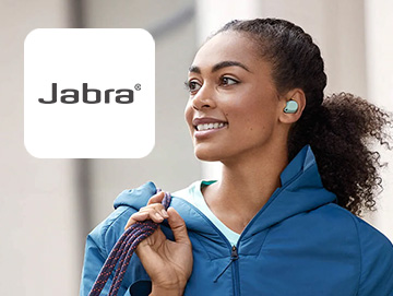 Jabra logo on image of woman walking and wearing earbuds