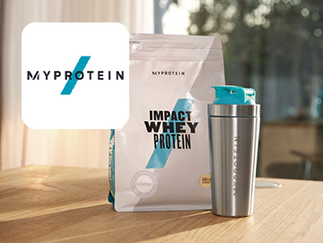 My Protein logo on image of protein powder and shaker